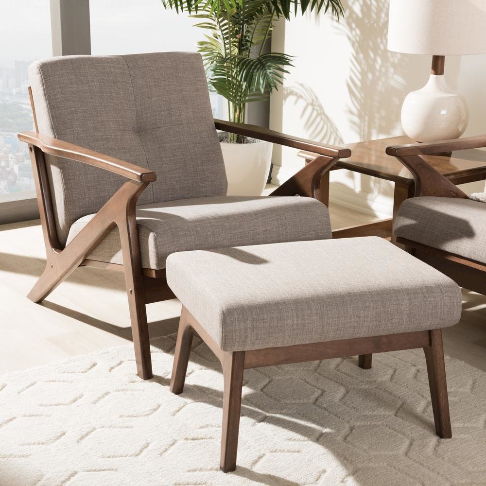 Walnut Wood Light Grey Fabric Tufted Lounge Chair And Ottoman Set. Picture 16