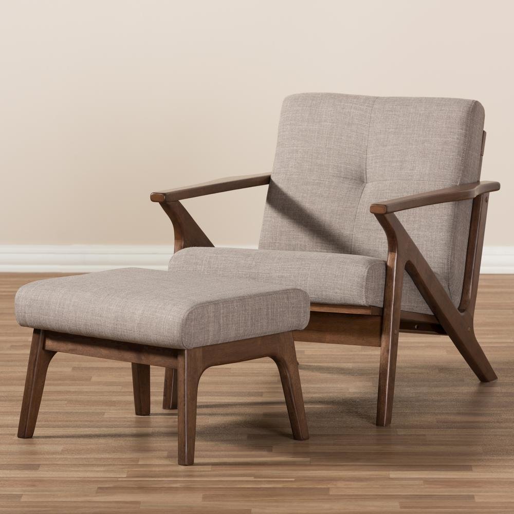 Walnut Wood Light Grey Fabric Tufted Lounge Chair And Ottoman Set. Picture 17