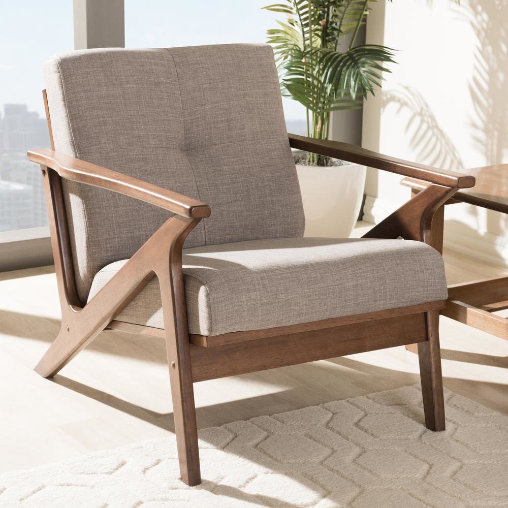 Bianca Mid-Century Modern Walnut Wood Light Grey Fabric Tufted Lounge Chair. Picture 18