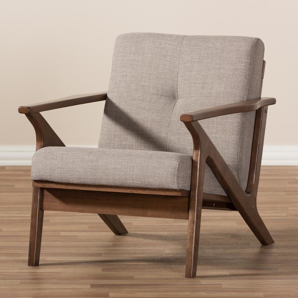Bianca Mid-Century Modern Walnut Wood Light Grey Fabric Tufted Lounge Chair. Picture 19