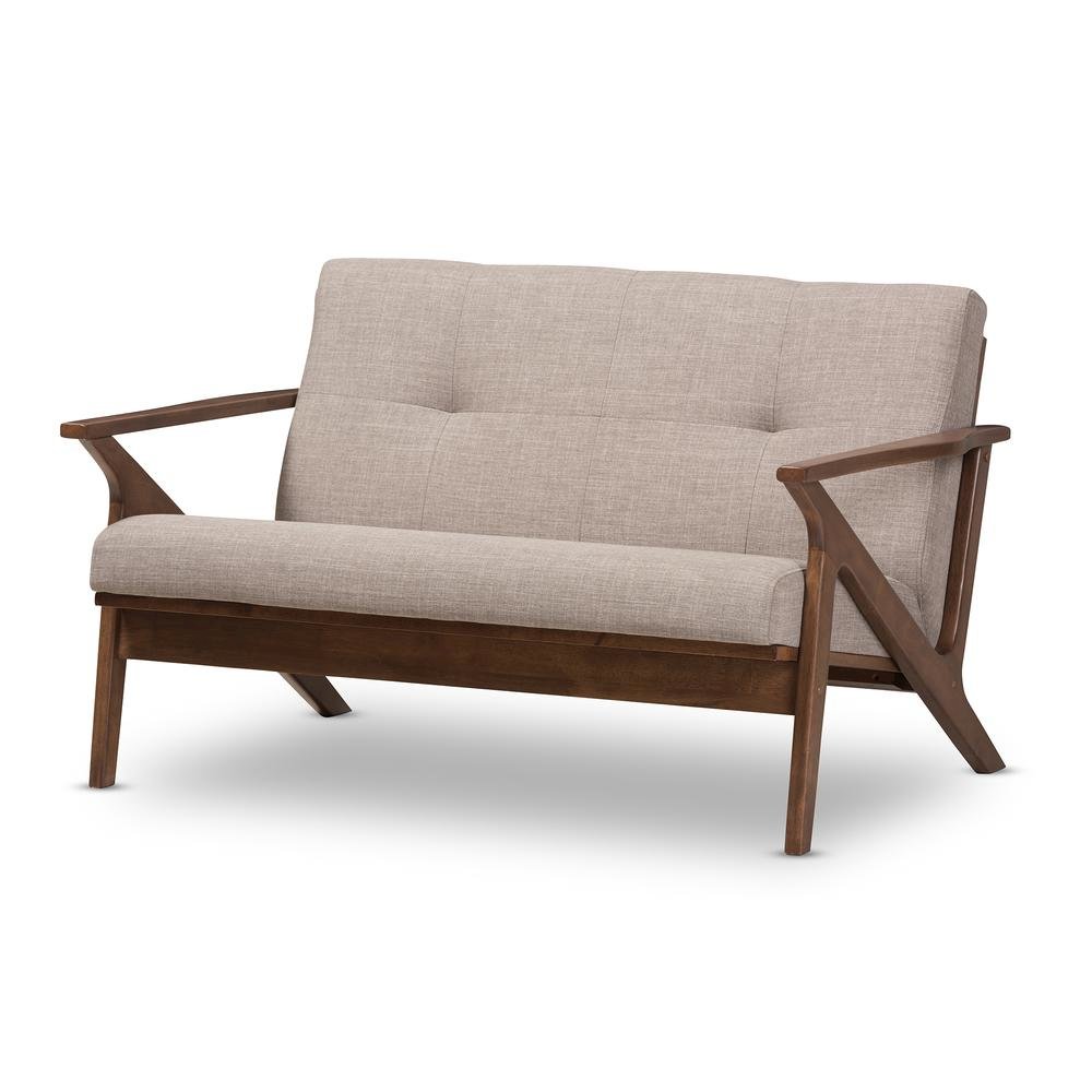 Bianca Mid-Century Modern Walnut Wood Light Grey Fabric Tufted 2-Seater Loveseat. Picture 11