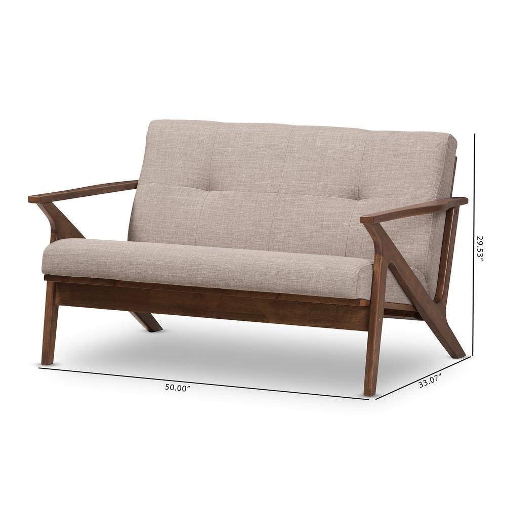 Bianca Mid-Century Modern Walnut Wood Light Grey Fabric Tufted 2-Seater Loveseat. Picture 20