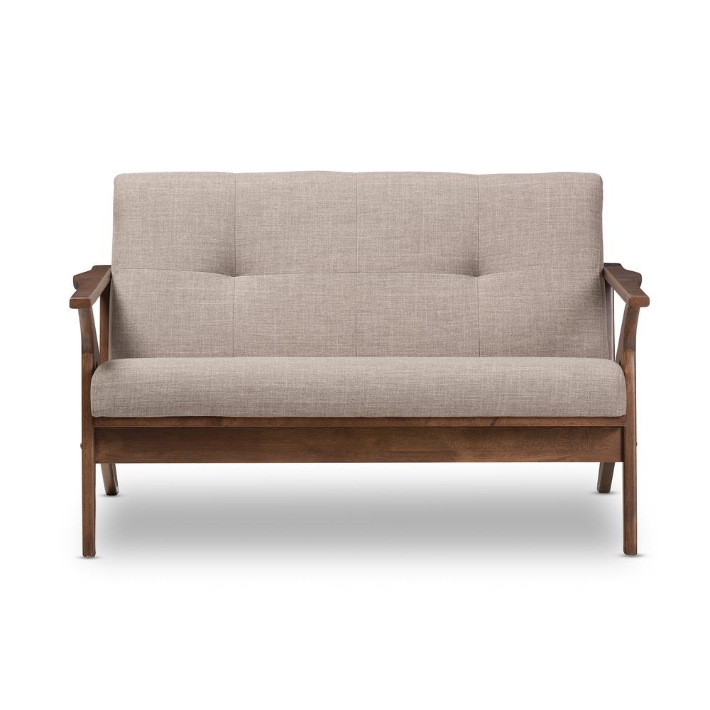 Bianca Mid-Century Modern Walnut Wood Light Grey Fabric Tufted 2-Seater Loveseat. Picture 12
