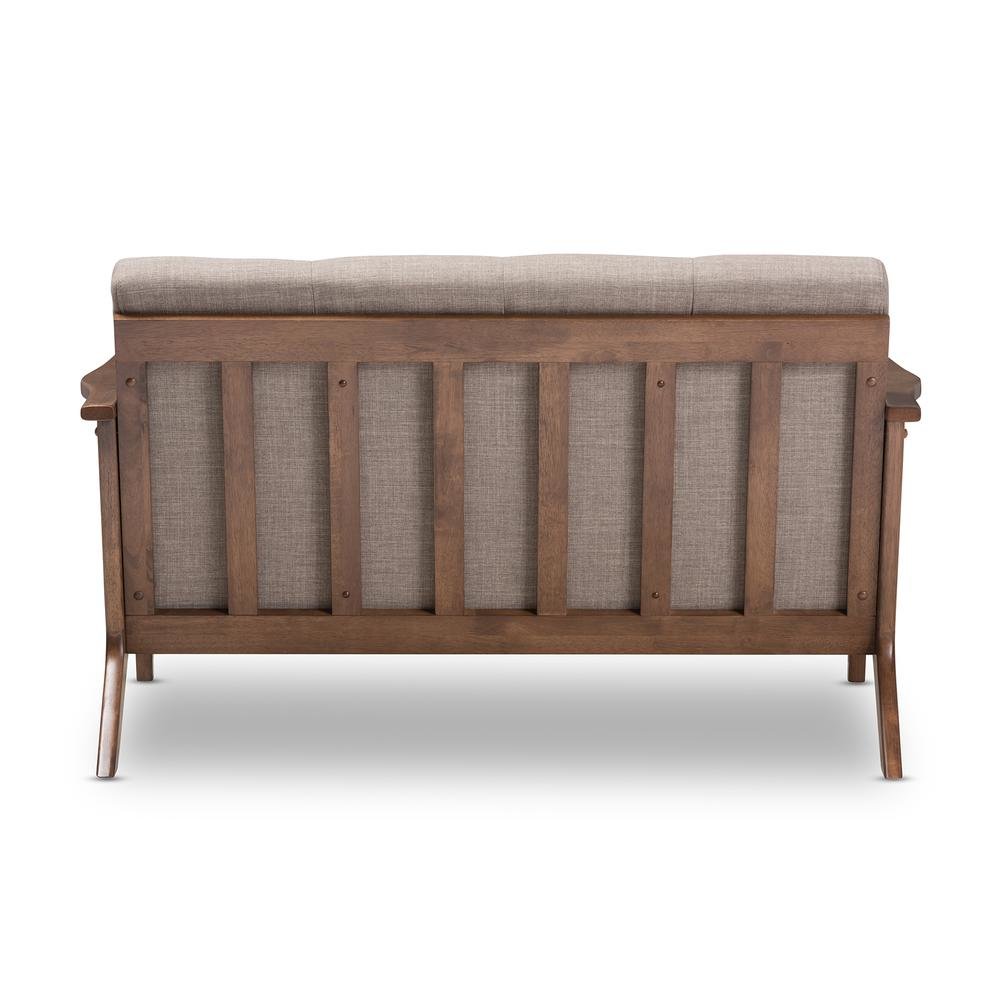 Bianca Mid-Century Modern Walnut Wood Light Grey Fabric Tufted 2-Seater Loveseat. Picture 14