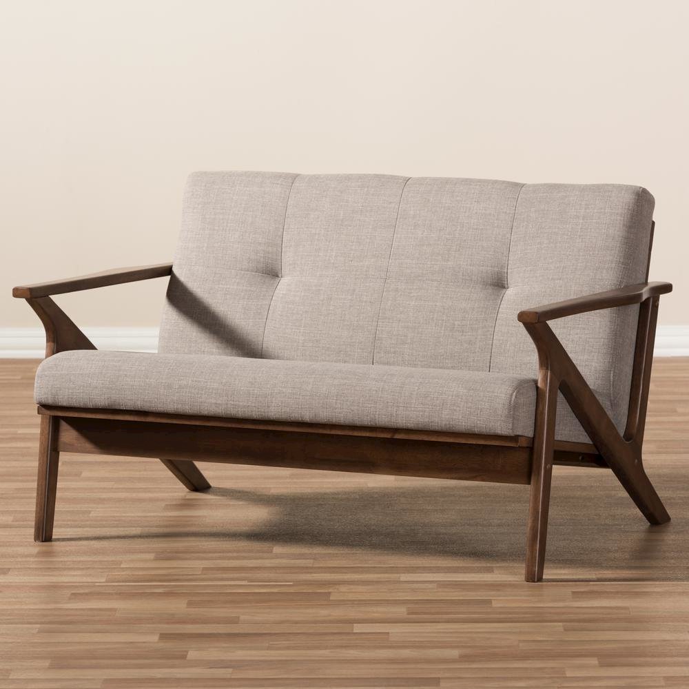 Bianca Mid-Century Modern Walnut Wood Light Grey Fabric Tufted 2-Seater Loveseat. Picture 19
