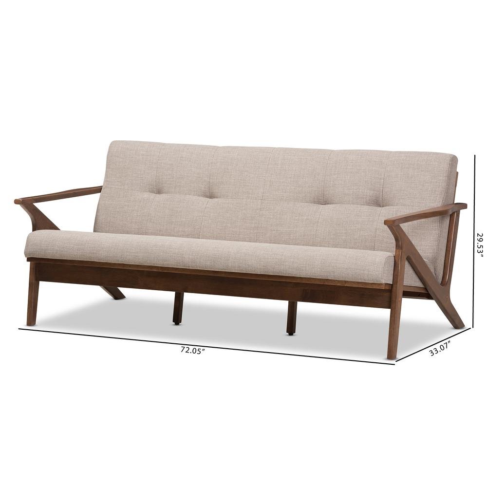 Bianca Mid-Century Modern Walnut Wood Light Grey Fabric Tufted 3-Seater Sofa. Picture 20