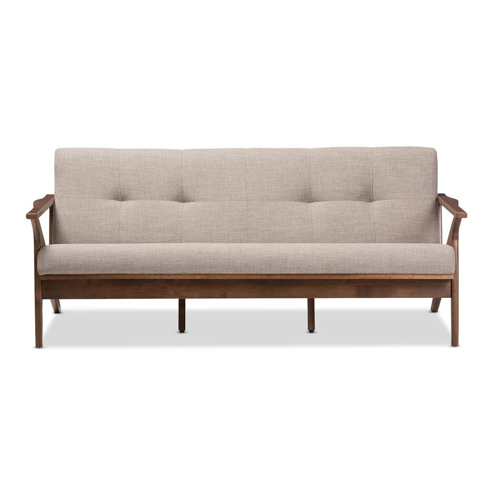 Bianca Mid-Century Modern Walnut Wood Light Grey Fabric Tufted 3-Seater Sofa. Picture 12