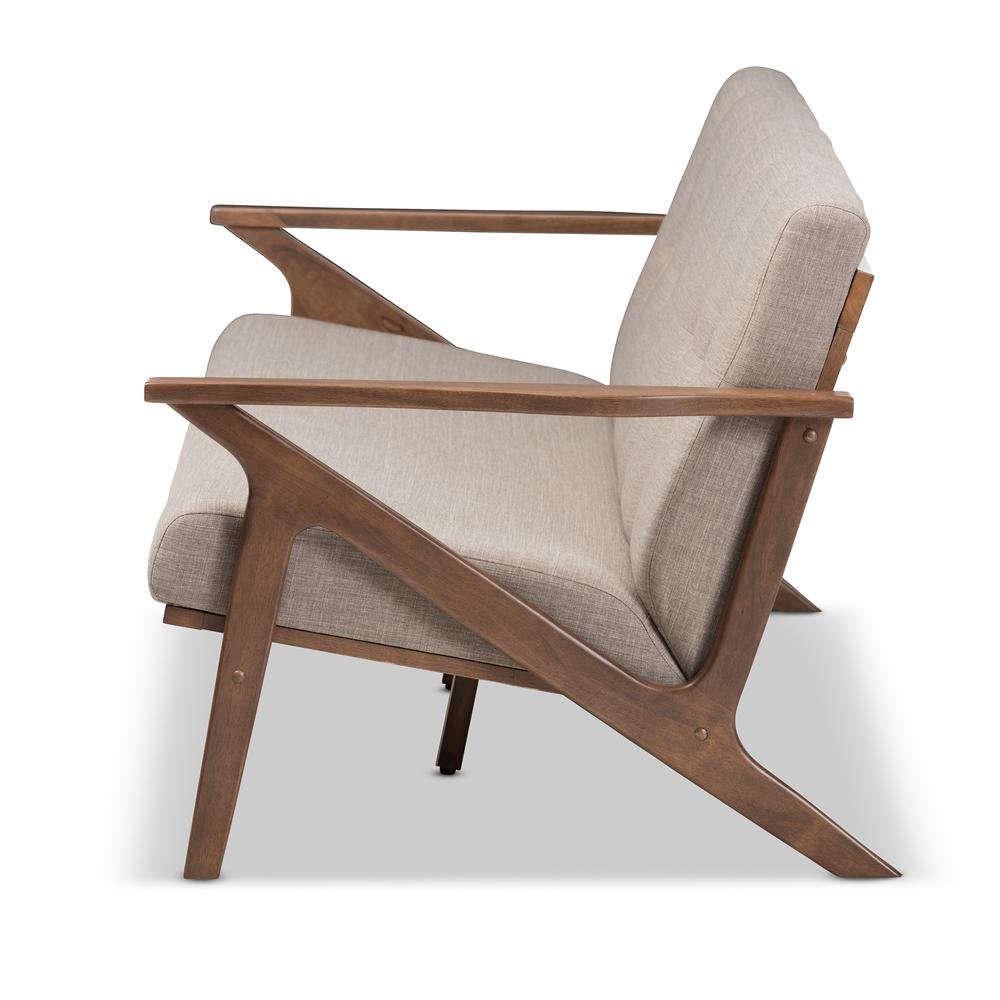 Bianca Mid-Century Modern Walnut Wood Light Grey Fabric Tufted 3-Seater Sofa. Picture 13