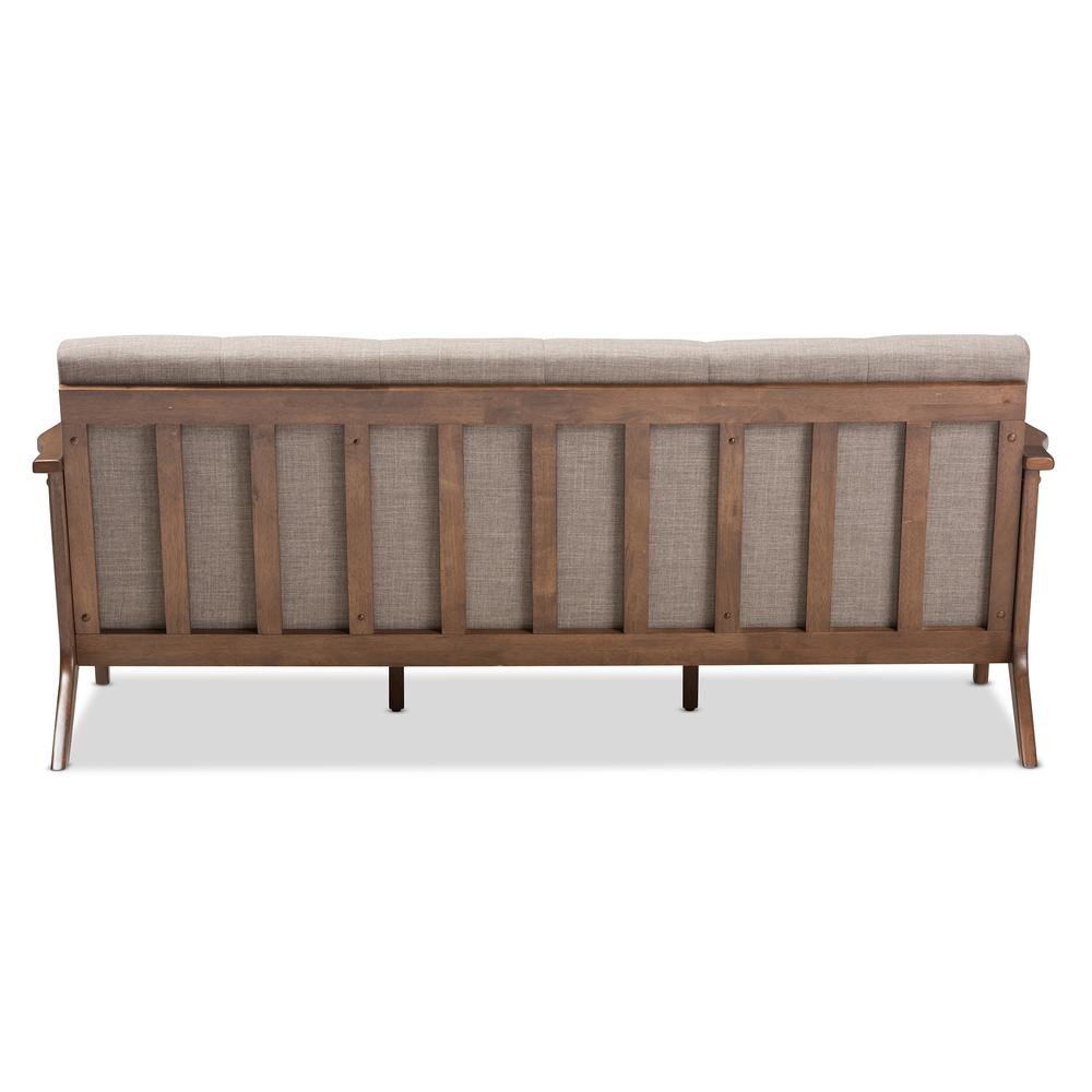 Bianca Mid-Century Modern Walnut Wood Light Grey Fabric Tufted 3-Seater Sofa. Picture 14