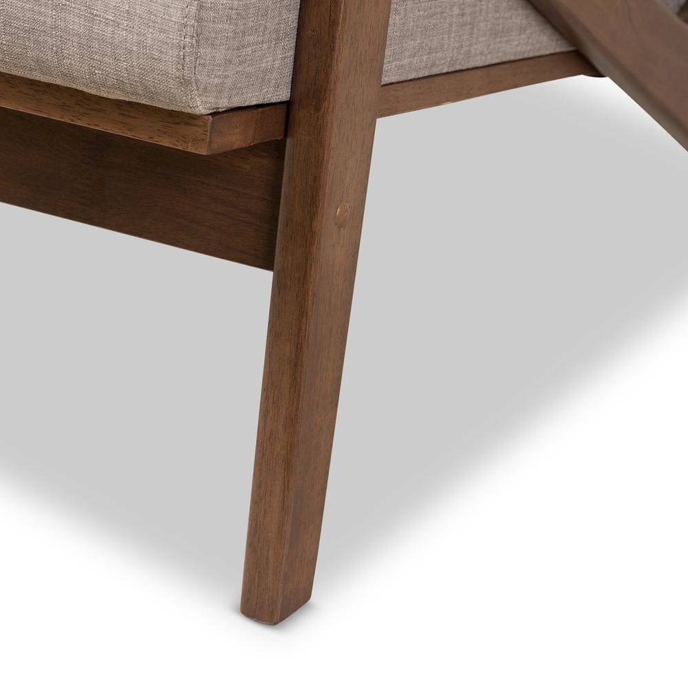 Bianca Mid-Century Modern Walnut Wood Light Grey Fabric Tufted 3-Seater Sofa. Picture 17