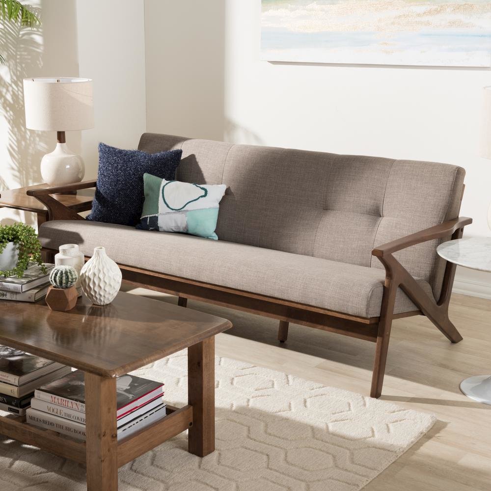 Bianca Mid-Century Modern Walnut Wood Light Grey Fabric Tufted 3-Seater Sofa. Picture 18
