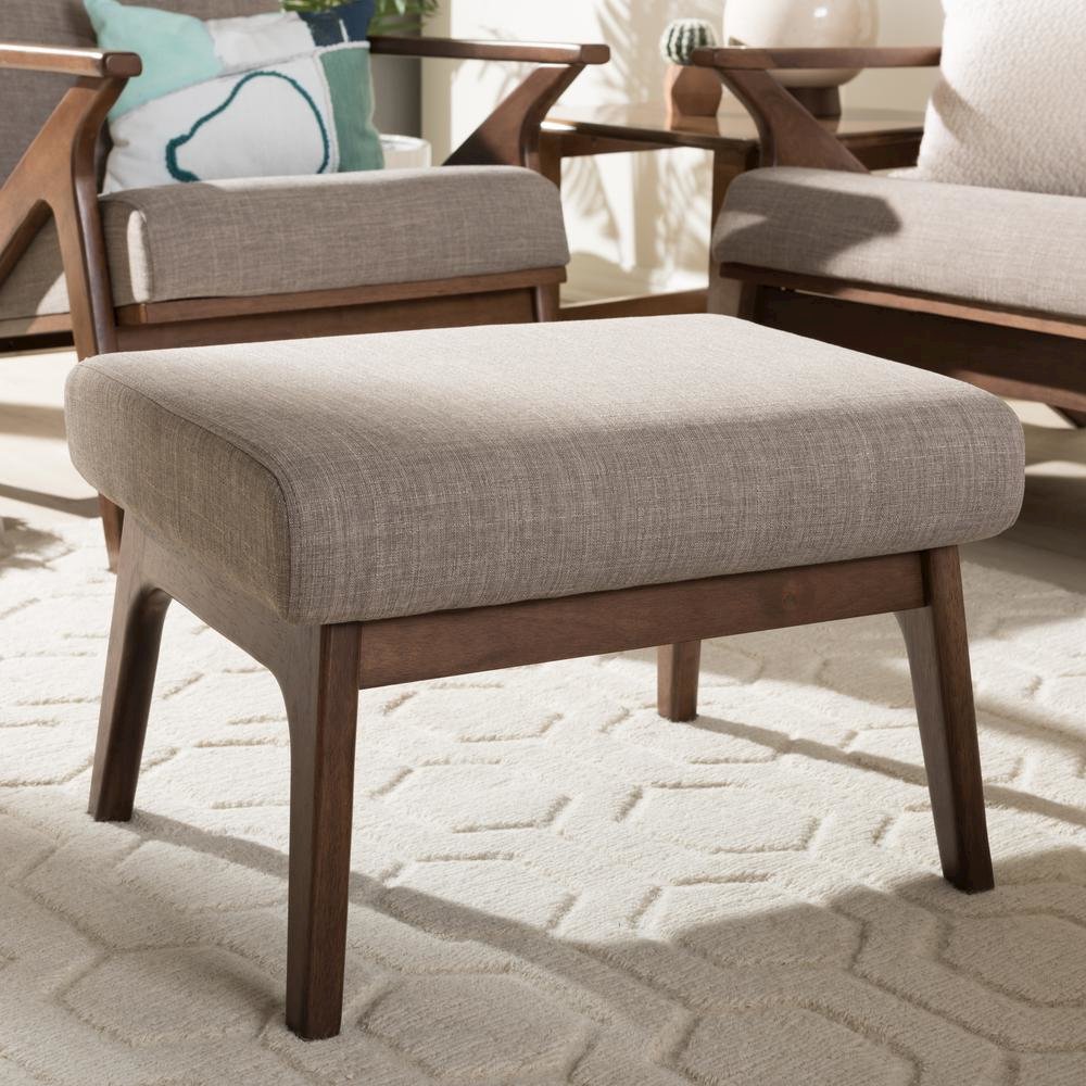 Baxton Studio Bianca Mid-Century Modern Walnut Wood Light Grey Fabric Ottoman. Picture 10