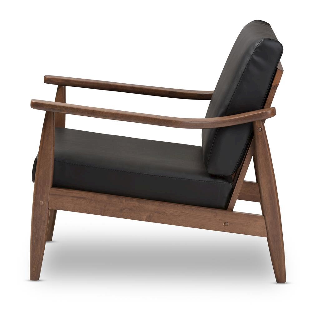 Venza Mid-Century Modern Walnut Wood Black Faux Leather Lounge Chair. Picture 12