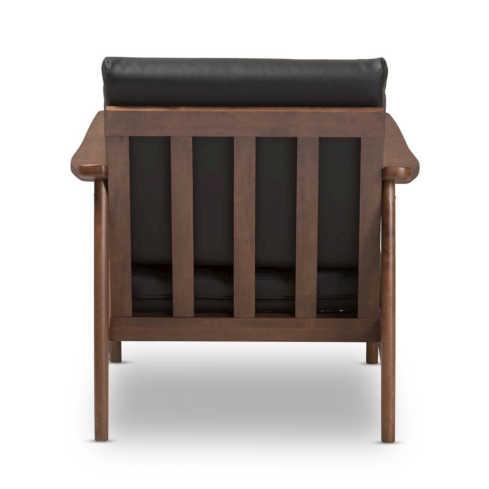 Venza Mid-Century Modern Walnut Wood Black Faux Leather Lounge Chair. Picture 13