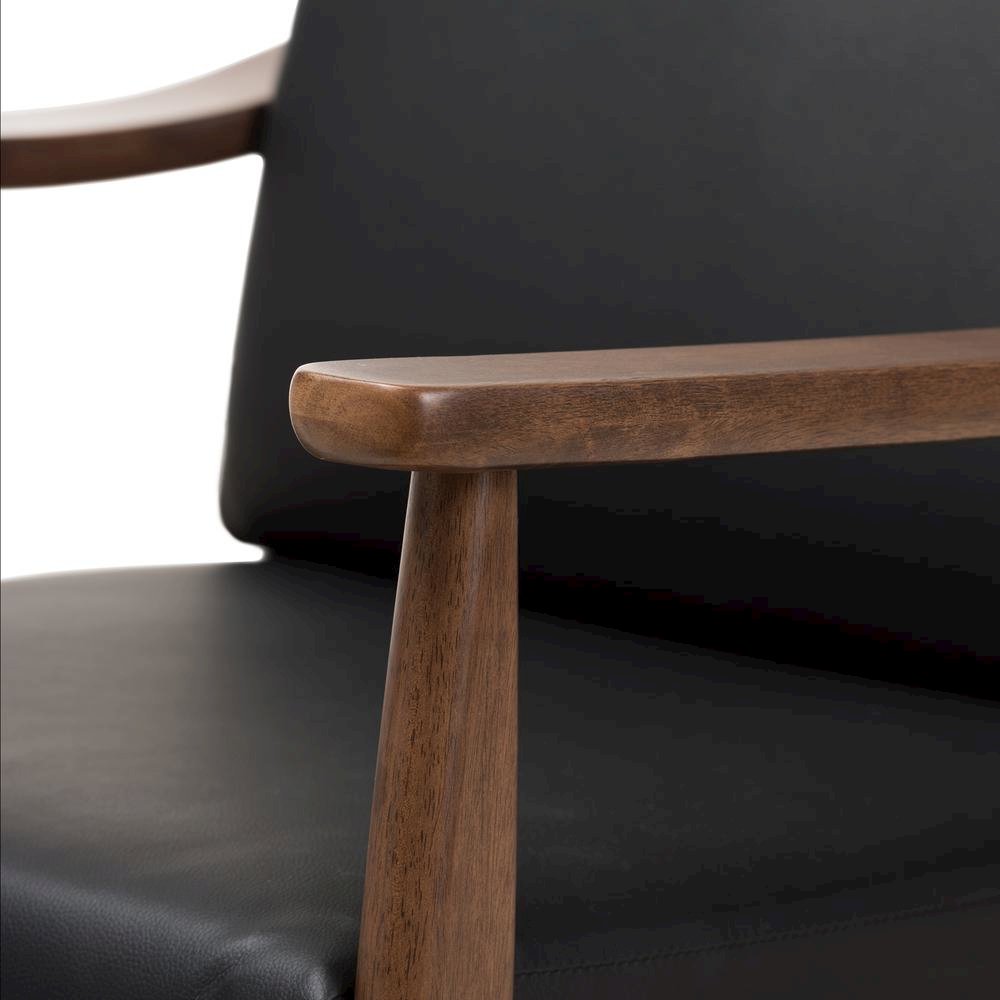 Venza Mid-Century Modern Walnut Wood Black Faux Leather Lounge Chair. Picture 14