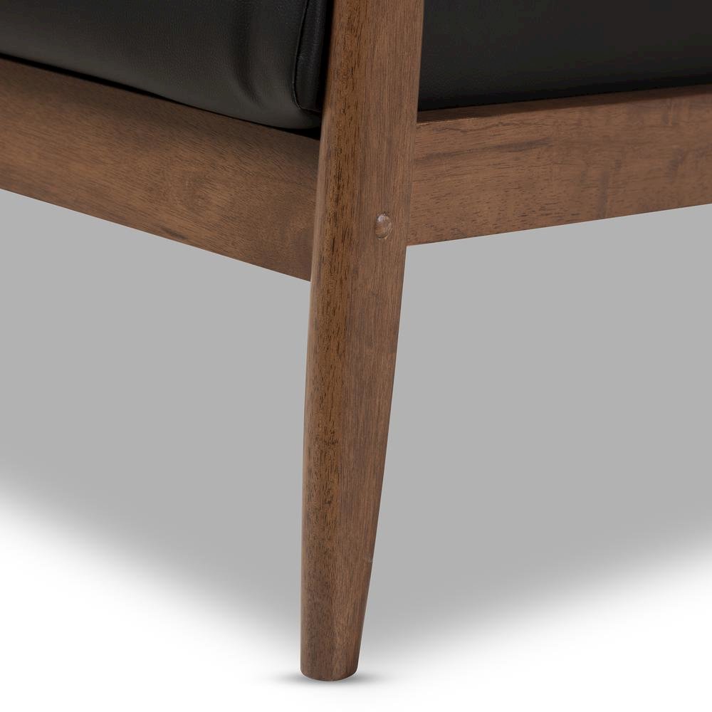 Venza Mid-Century Modern Walnut Wood Black Faux Leather Lounge Chair. Picture 15