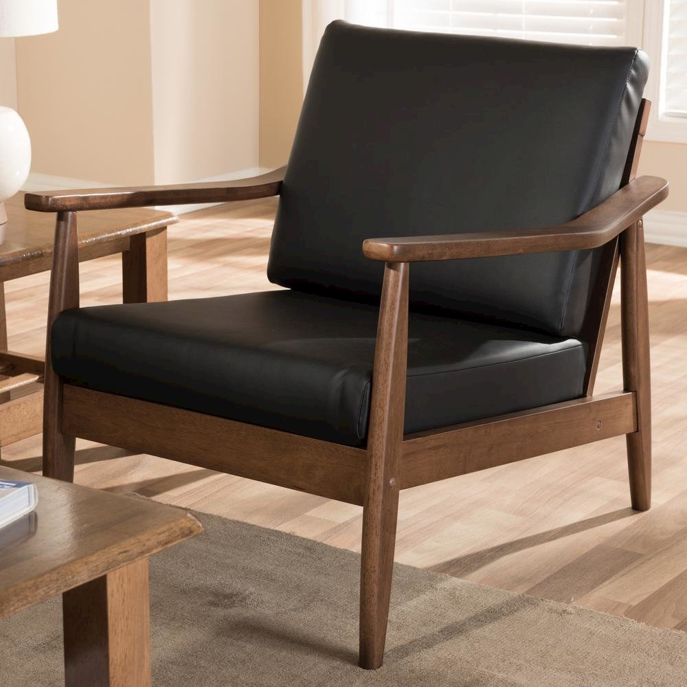 Venza Mid-Century Modern Walnut Wood Black Faux Leather Lounge Chair. Picture 16