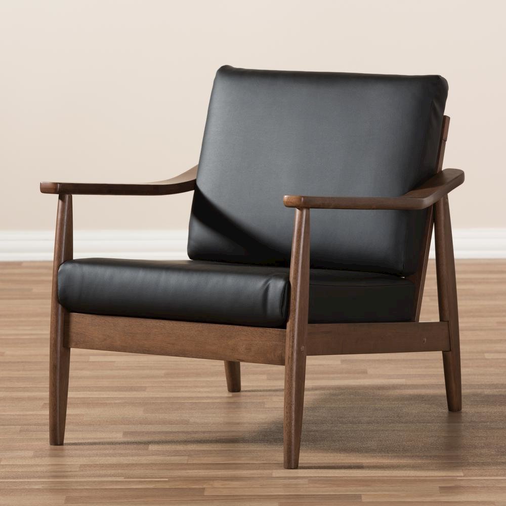 Venza Mid-Century Modern Walnut Wood Black Faux Leather Lounge Chair. Picture 17