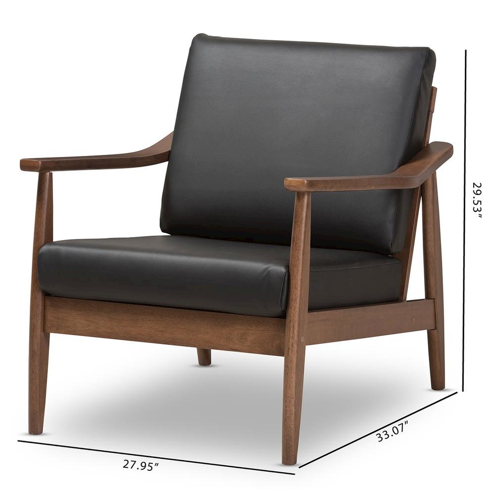 Venza Mid-Century Modern Walnut Wood Black Faux Leather Lounge Chair. Picture 18