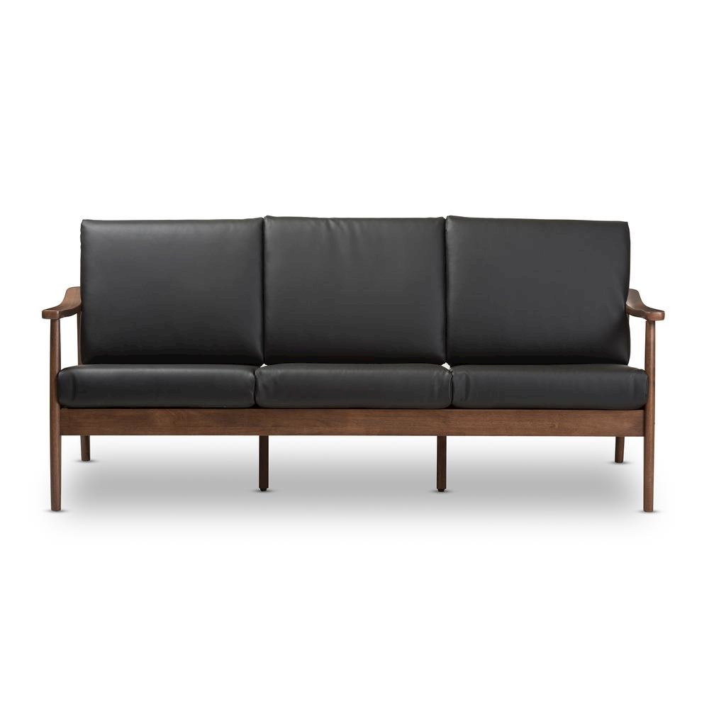 Venza Mid-Century Modern Walnut Wood Black Faux Leather 3-Seater Sofa. Picture 11