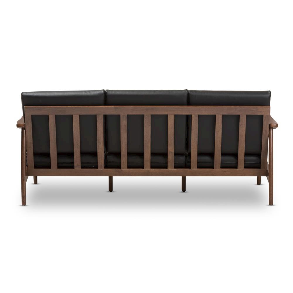Venza Mid-Century Modern Walnut Wood Black Faux Leather 3-Seater Sofa. Picture 13
