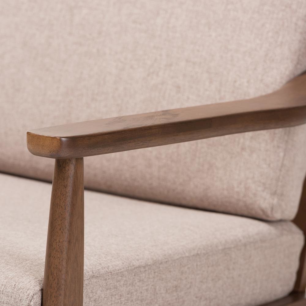 Venza Mid-Century Modern Walnut Wood Light Brown Fabric Upholstered Lounge Chair. Picture 14