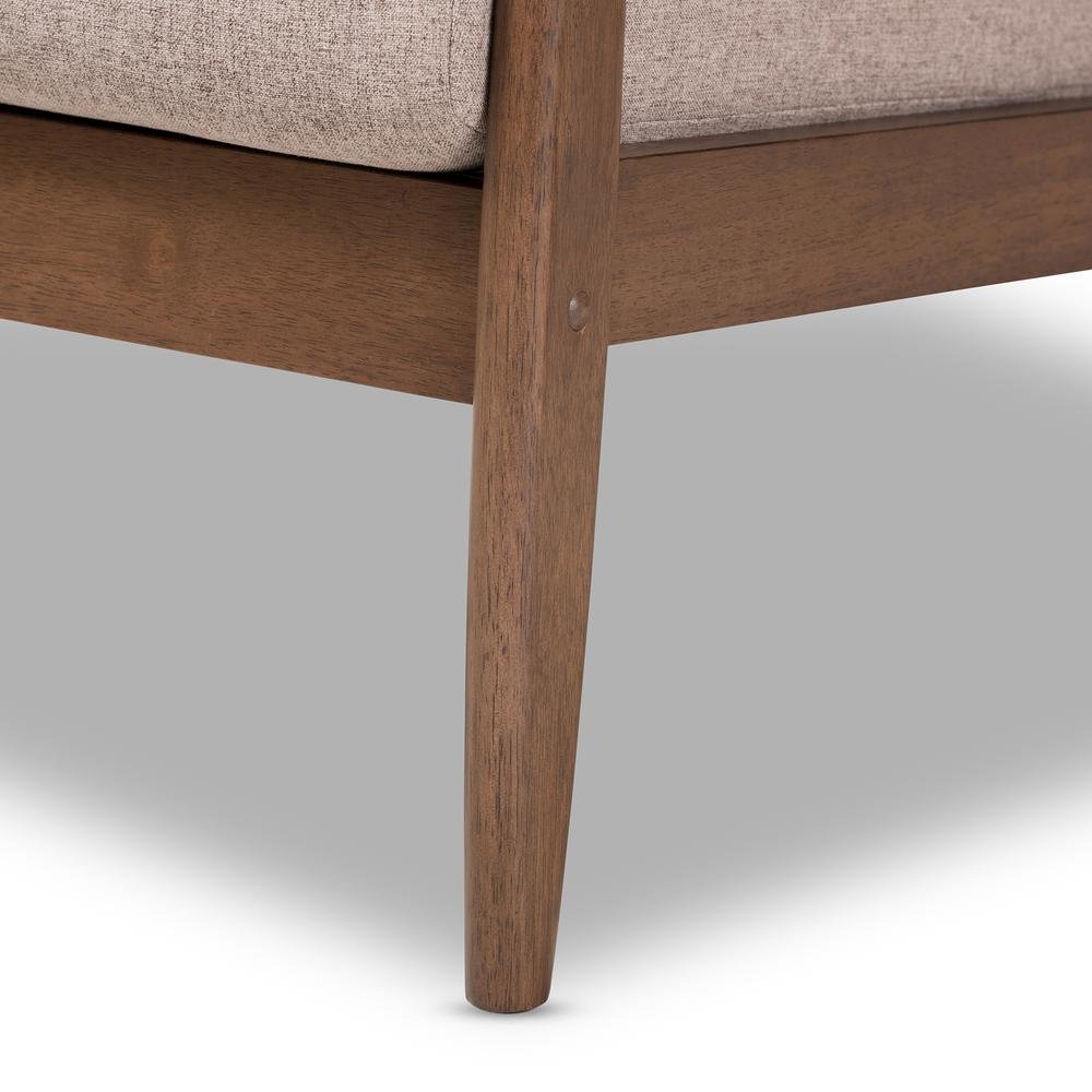 Venza Mid-Century Modern Walnut Wood Light Brown Fabric Upholstered Lounge Chair. Picture 15