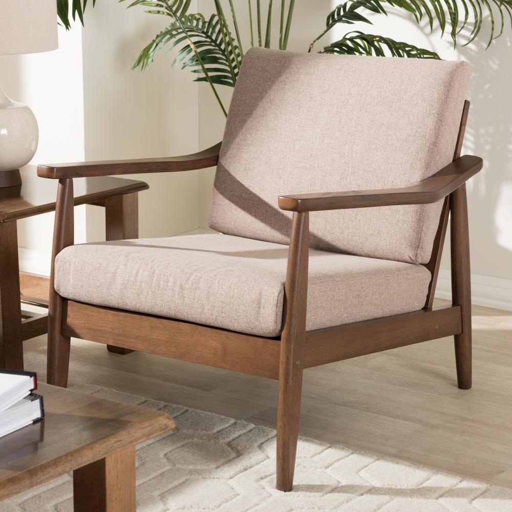 Venza Mid-Century Modern Walnut Wood Light Brown Fabric Upholstered Lounge Chair. Picture 16