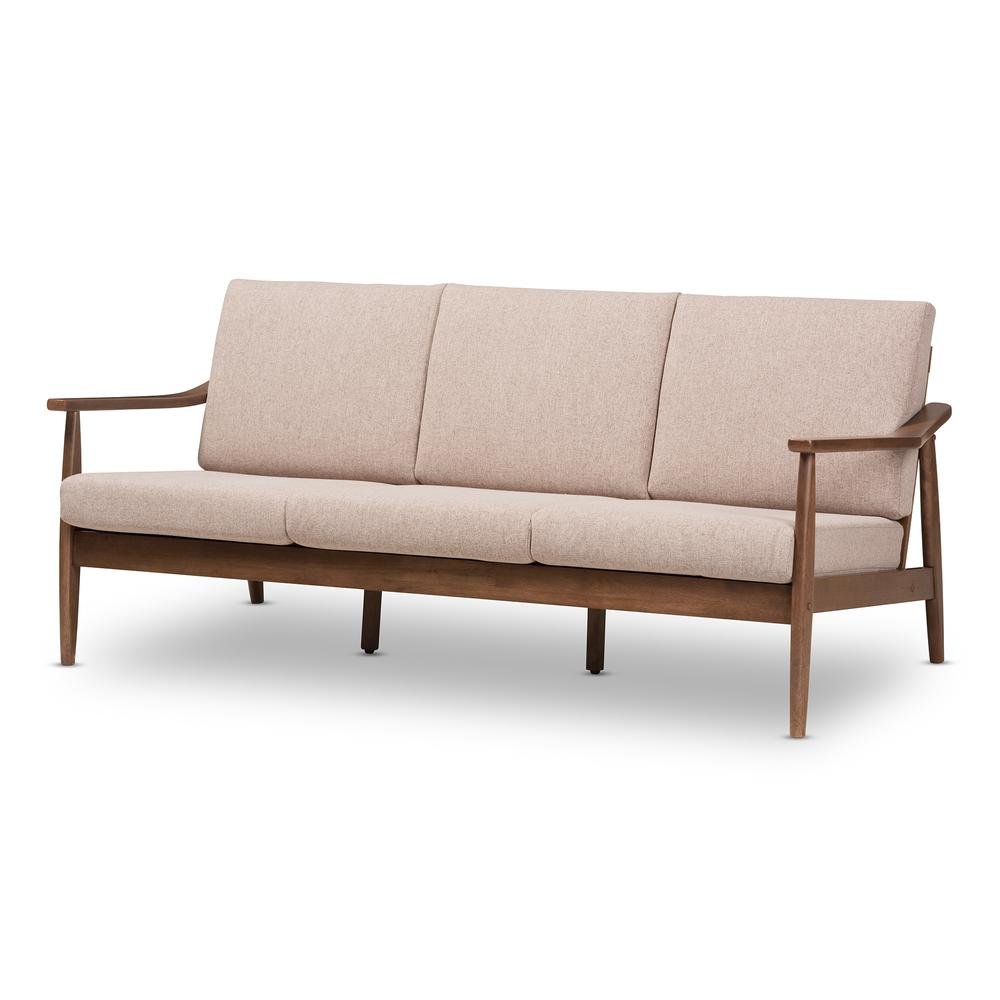 Walnut Wood Light Brown Fabric Upholstered 3-Seater Sofa. Picture 10