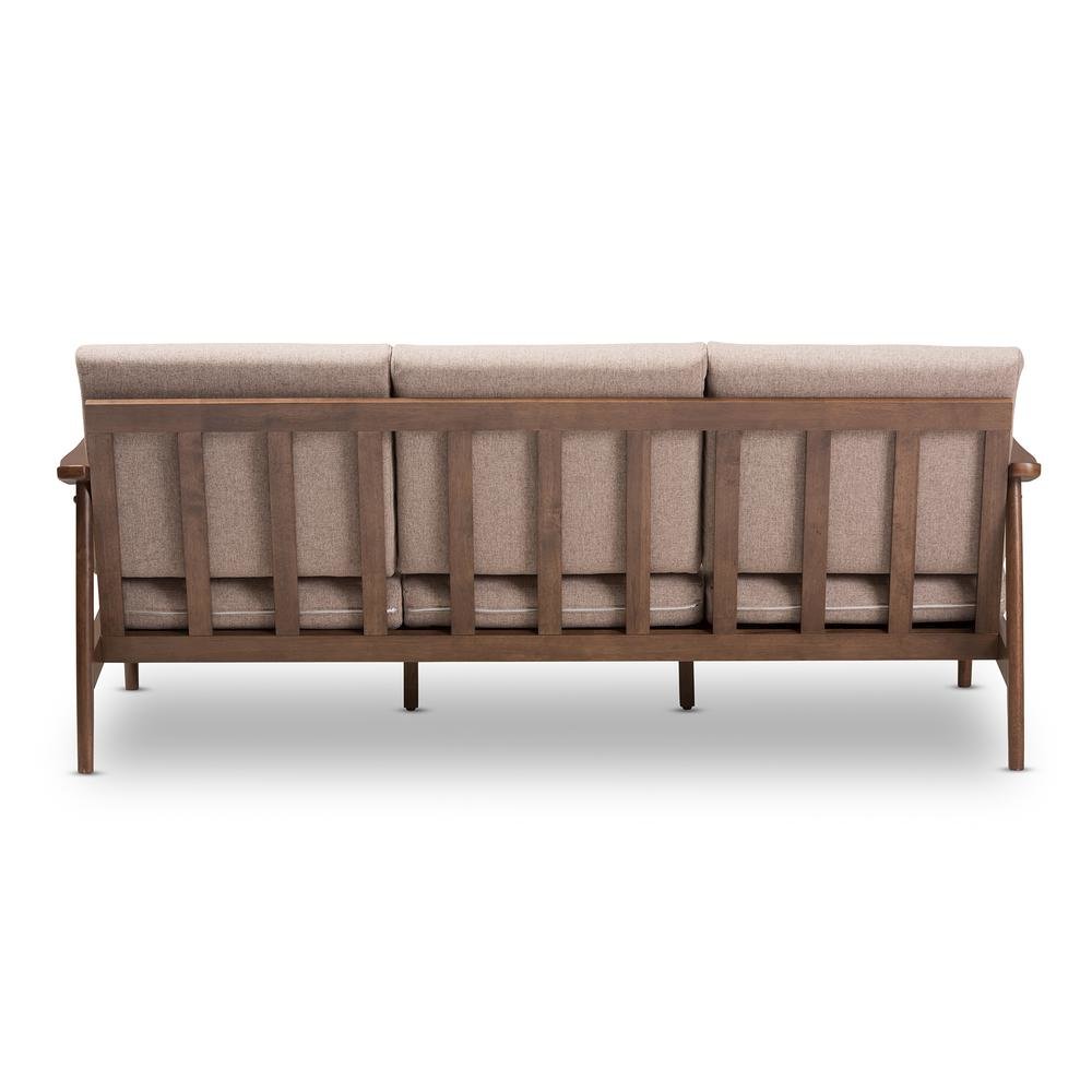 Walnut Wood Light Brown Fabric Upholstered 3-Seater Sofa. Picture 13