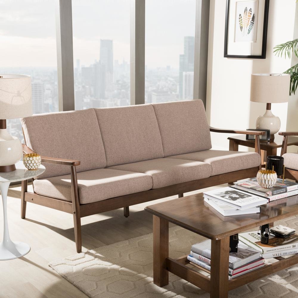 Walnut Wood Light Brown Fabric Upholstered 3-Seater Sofa. Picture 16