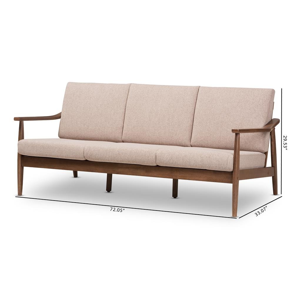 Walnut Wood Light Brown Fabric Upholstered 3-Seater Sofa. Picture 18