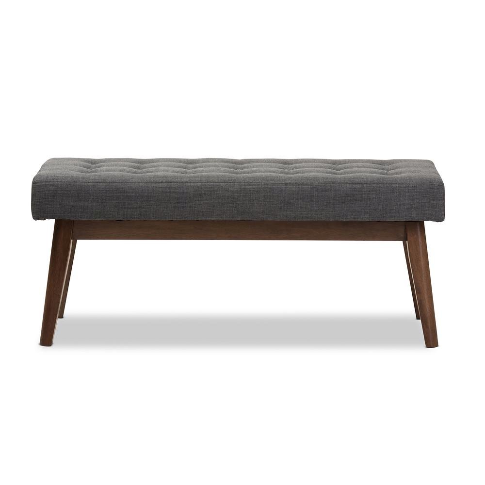 Elia Mid-Century Modern Walnut Wood Dark Grey Fabric Button-Tufted Bench. Picture 10