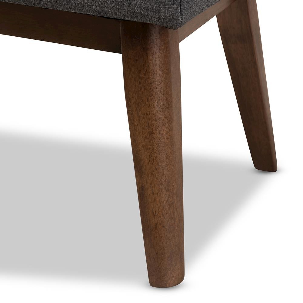 Elia Mid-Century Modern Walnut Wood Dark Grey Fabric Button-Tufted Bench. Picture 13
