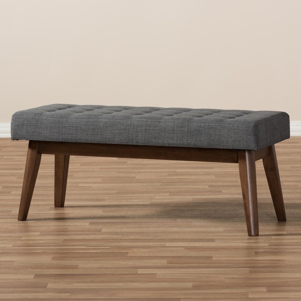 Elia Mid-Century Modern Walnut Wood Dark Grey Fabric Button-Tufted Bench. Picture 15