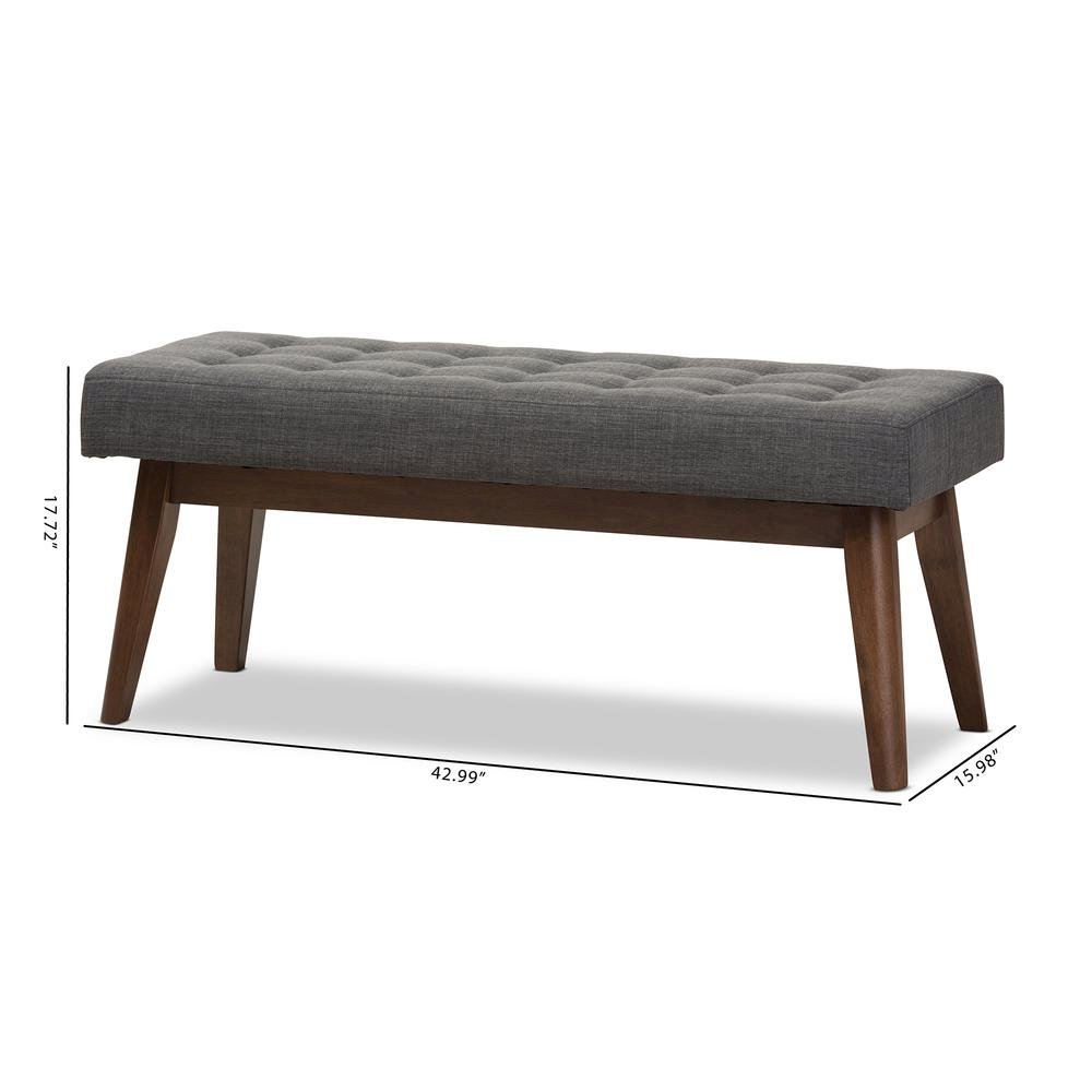 Elia Mid-Century Modern Walnut Wood Dark Grey Fabric Button-Tufted Bench. Picture 16