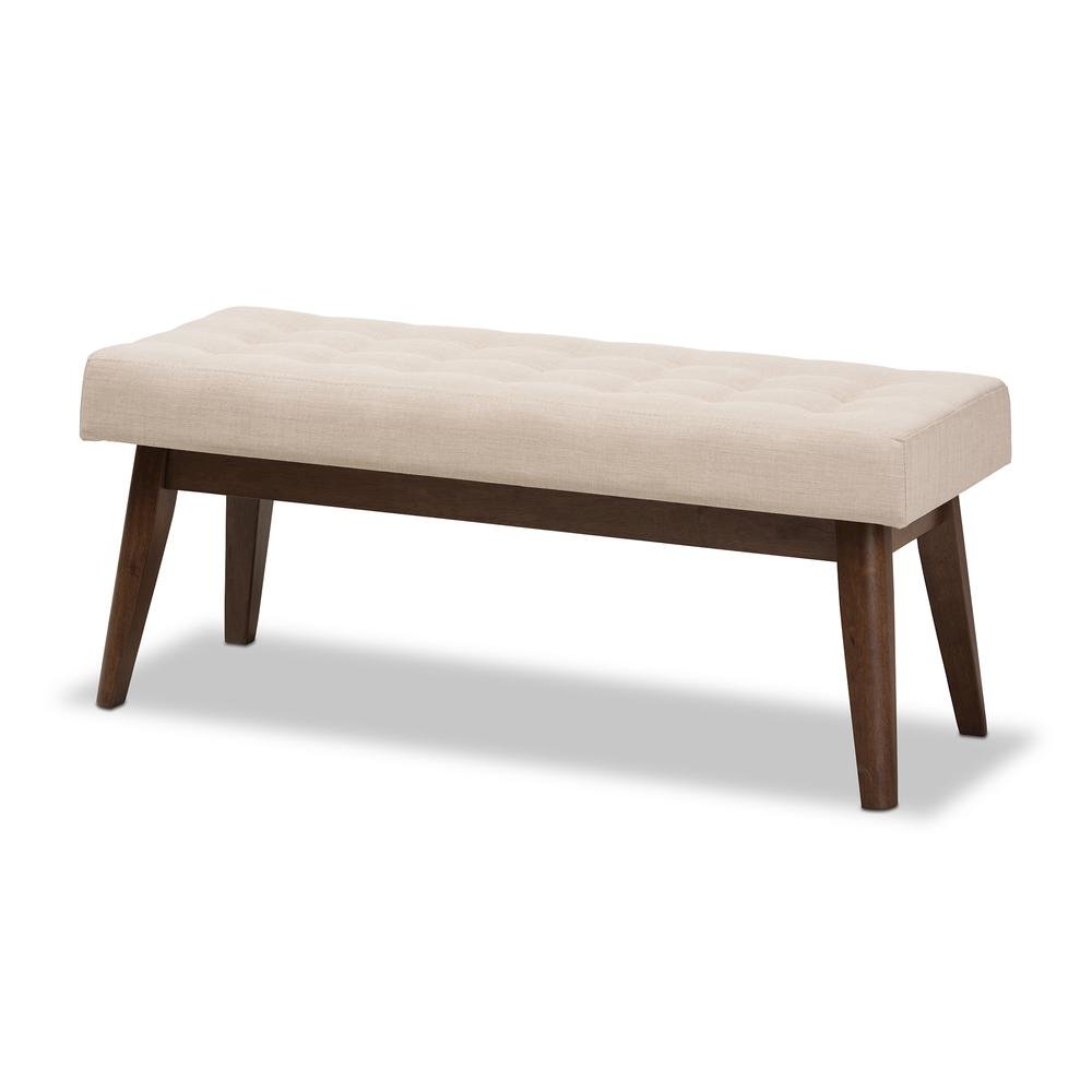 Elia Mid-Century Modern Walnut Wood Light Beige Fabric Button-Tufted Bench. Picture 9
