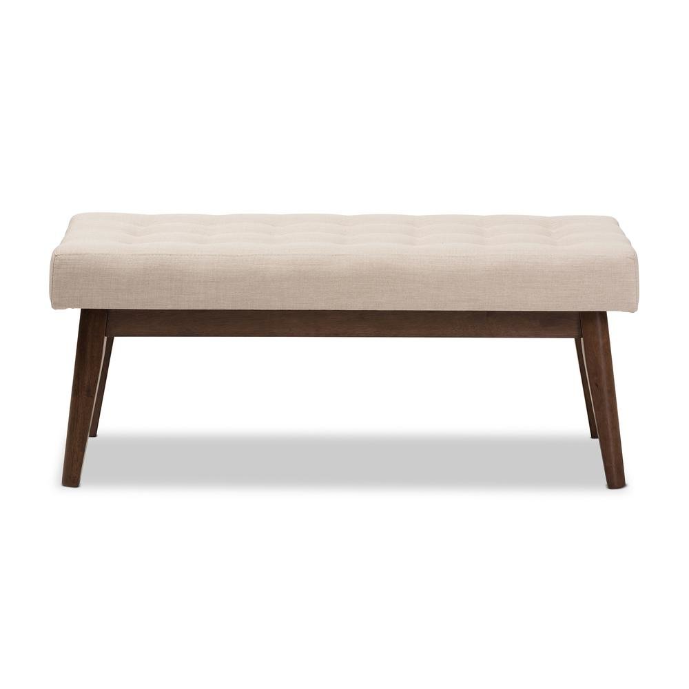 Elia Mid-Century Modern Walnut Wood Light Beige Fabric Button-Tufted Bench. Picture 10