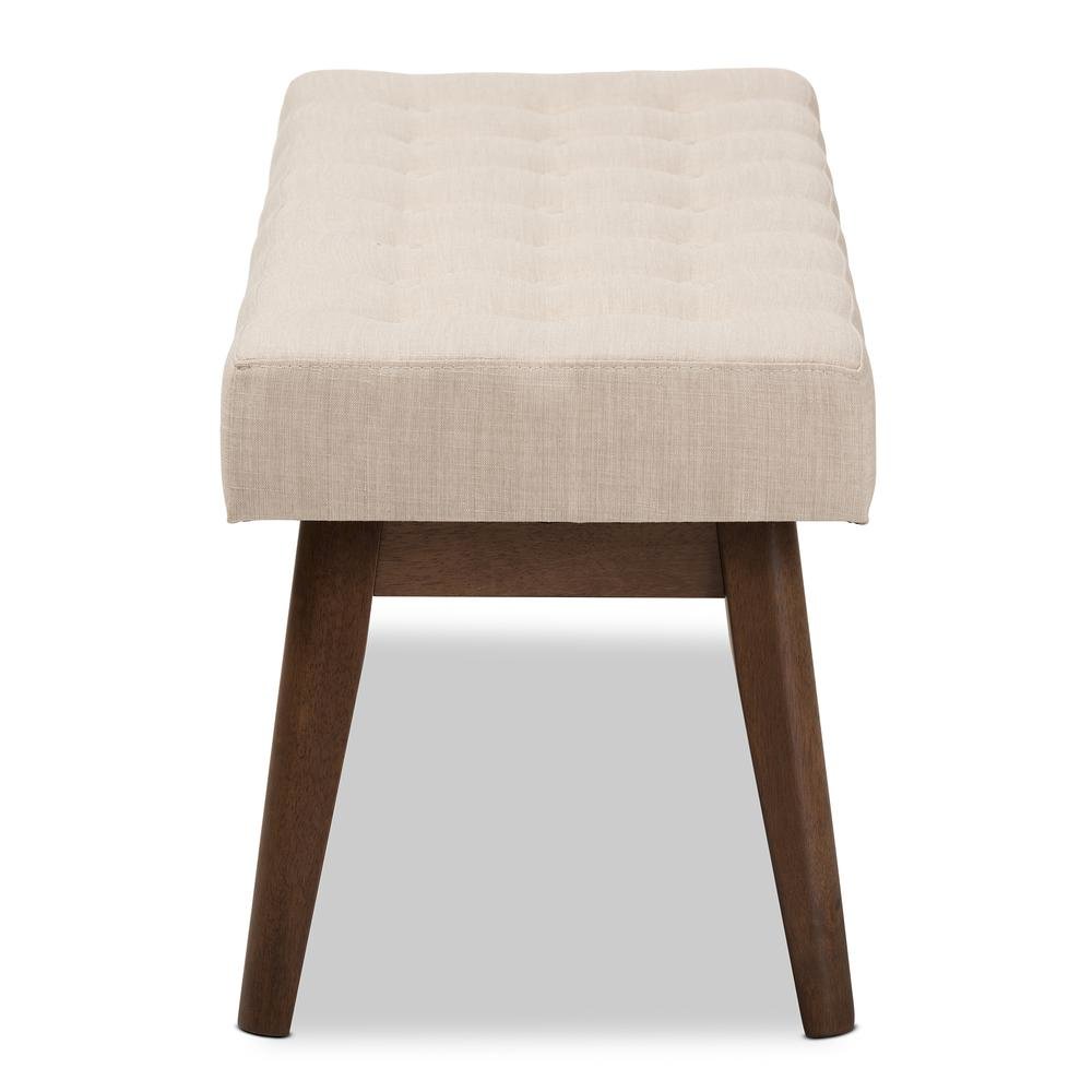 Elia Mid-Century Modern Walnut Wood Light Beige Fabric Button-Tufted Bench. Picture 11