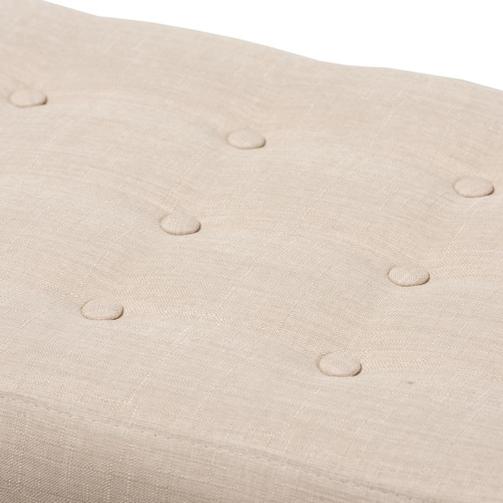 Elia Mid-Century Modern Walnut Wood Light Beige Fabric Button-Tufted Bench. Picture 12