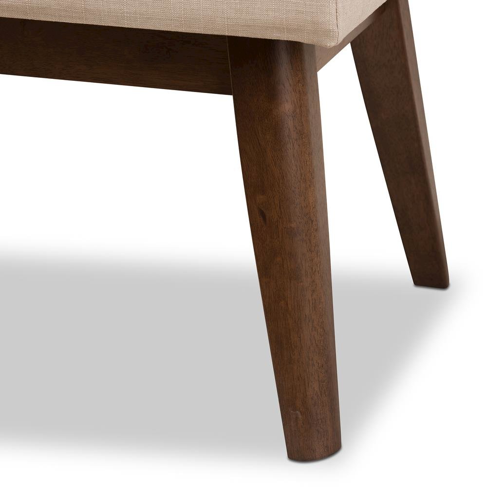 Elia Mid-Century Modern Walnut Wood Light Beige Fabric Button-Tufted Bench. Picture 13
