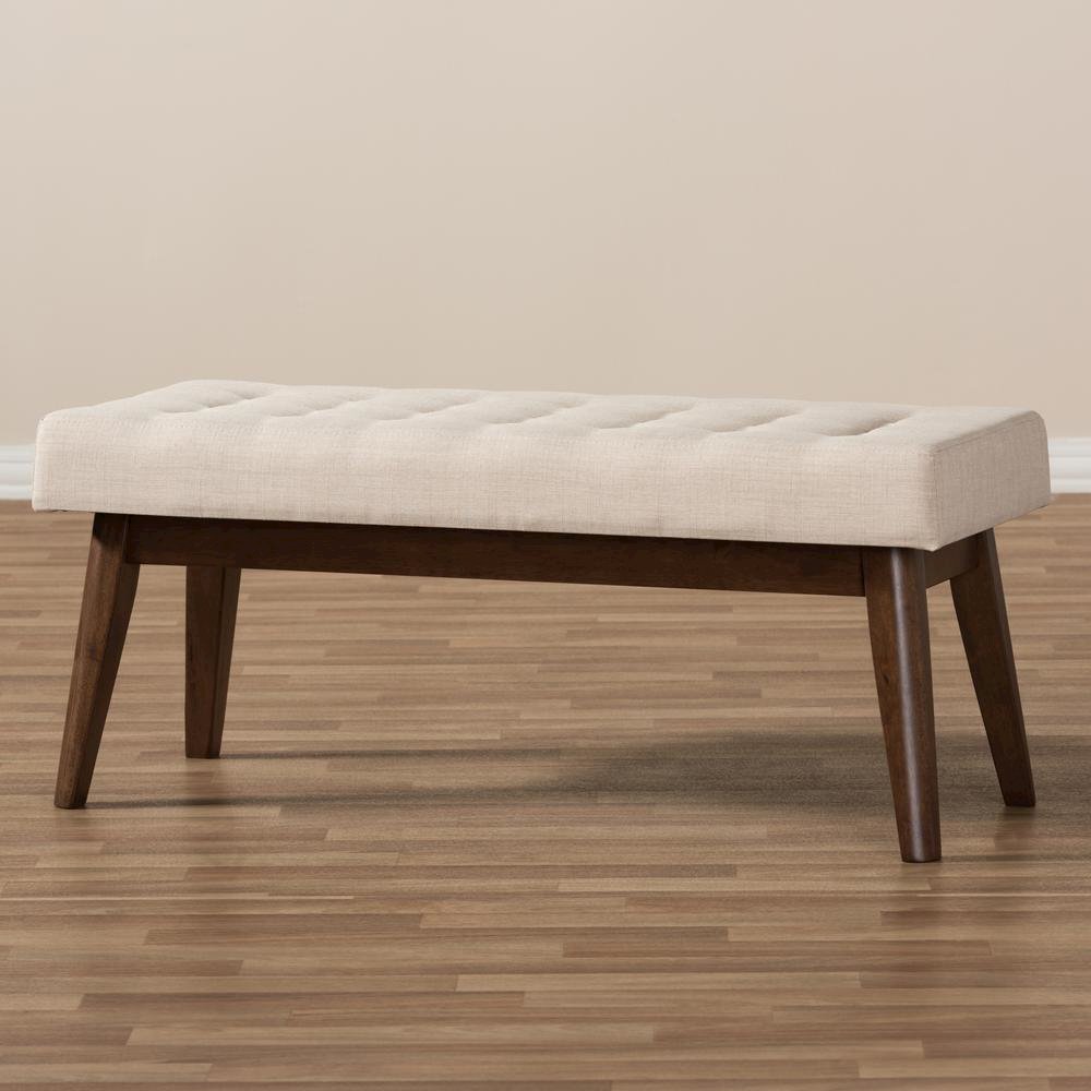 Elia Mid-Century Modern Walnut Wood Light Beige Fabric Button-Tufted Bench. Picture 15