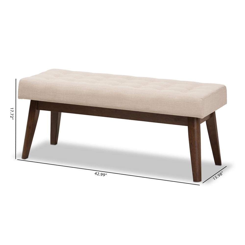 Elia Mid-Century Modern Walnut Wood Light Beige Fabric Button-Tufted Bench. Picture 16