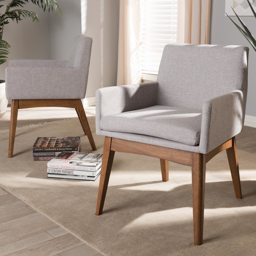 Walnut Wood Finishing Greyish Beige Fabric Dining Armchair (Set of 2). Picture 12