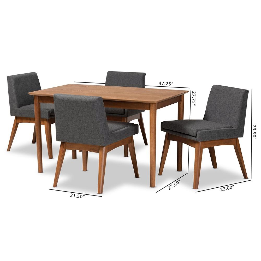 Dark Grey Fabric Upholstered and Walnut Brown Finished Wood 5-Piece Dining Set. Picture 18