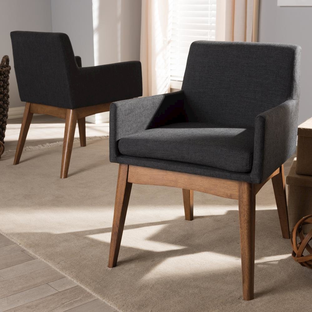 Walnut Wood Finishing Dark Grey Fabric Dining Armchair (Set of 2). Picture 12