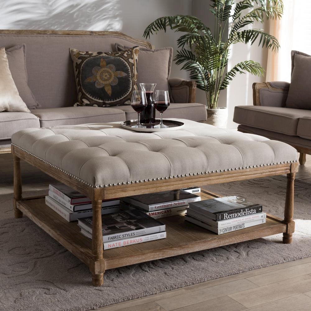 Carlotta French Country Weathered Oak Beige Linen Square Coffee Table Ottoman. Picture 12