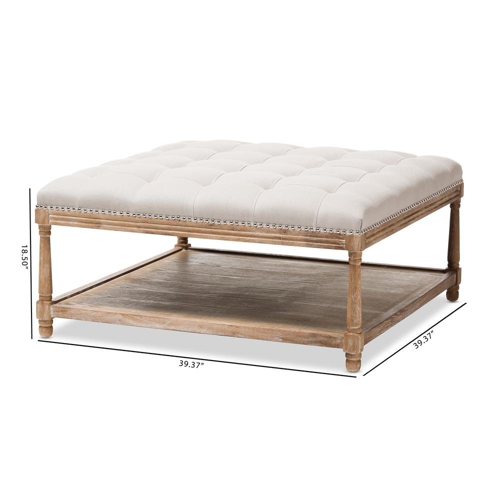 Carlotta French Country Weathered Oak Beige Linen Square Coffee Table Ottoman. Picture 14