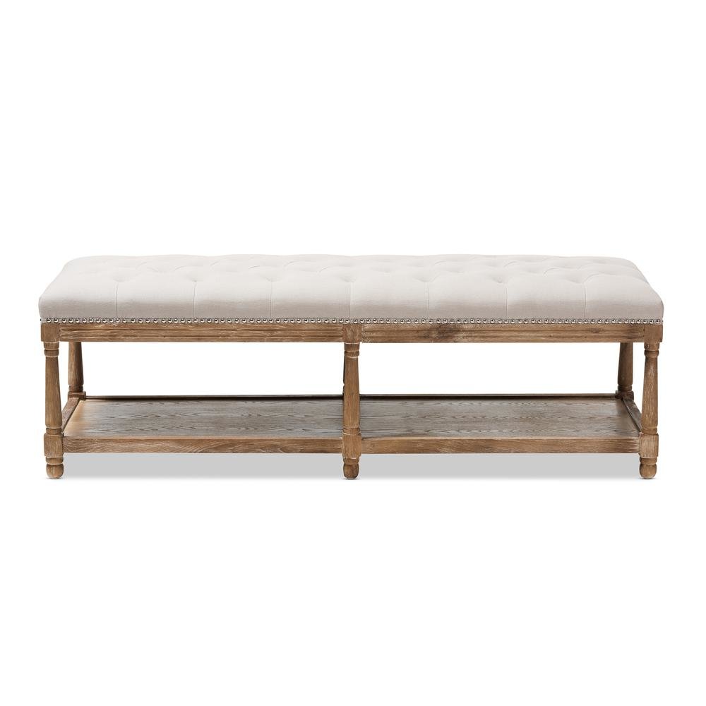 Celeste French Country Weathered Oak Beige Linen Upholstered Ottoman Bench. Picture 10