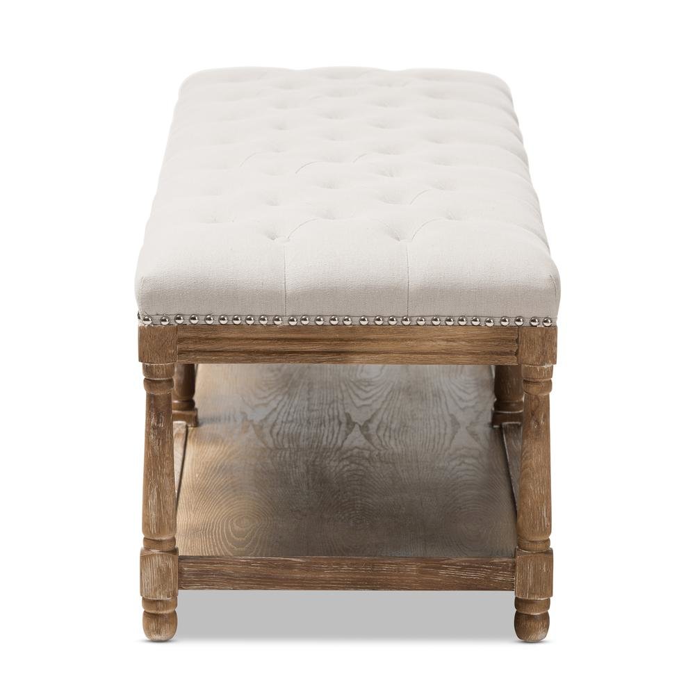 Celeste French Country Weathered Oak Beige Linen Upholstered Ottoman Bench. Picture 11
